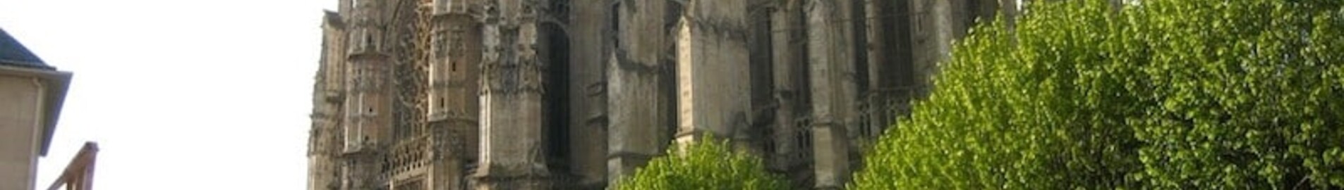 location de jet privé : Cathédrale gothique, arbres et ciel nuageux.