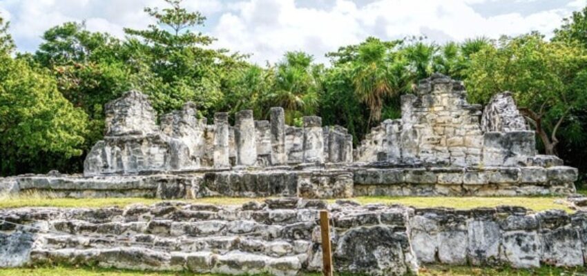 ruines anciennes avec colonnes entourées de verdure