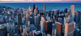 **location de jet privé** : Vue aérienne Chicago O'Hare au coucher du soleil