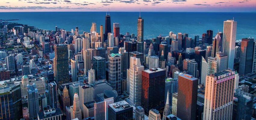 **location de jet privé** : Vue aérienne Chicago O'Hare au coucher du soleil