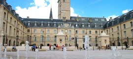 **Texte original :**
Les gens se promènent près d'un bâtiment historique avec une tour d'horloge et une cour ornée de fontaines, sous un ciel bleu, à Dijon Bourgogne. C’est le cadre idéal pour ceux qui arrivent par location de jet privé.

**Nouveau texte :**
_Dijon Bourgogne_, promenade près du bâtiment historique.