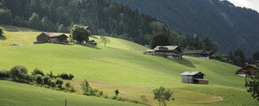 Gstaad Saanen : Paysage serein de montagnes et collines verdoyantes.