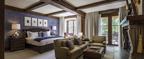 Chambre luxueuse avec cheminée et grande lumière naturelle.