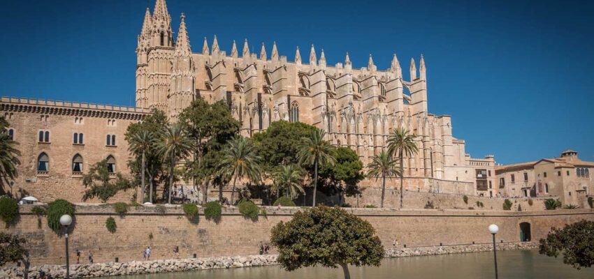 Cathédrale gothique, flèches, palmiers reflétés dans la rivière.