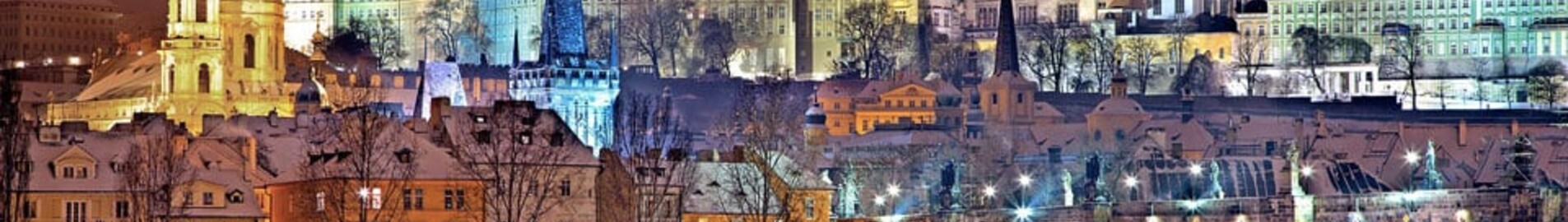 Vue nocturne sur ville enneigée avec château illuminé.