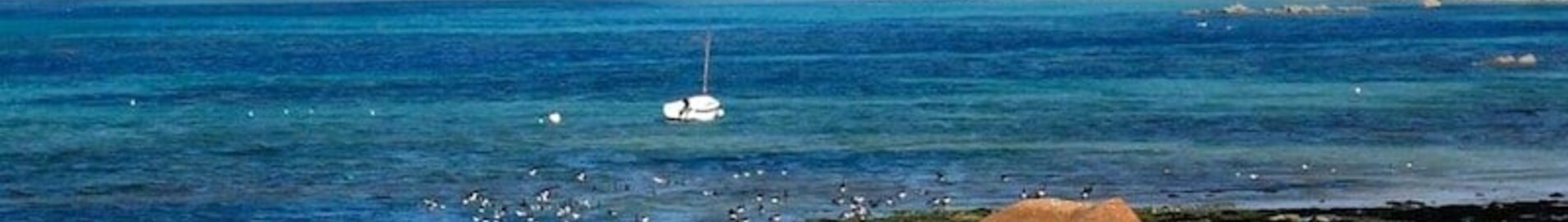 Plage rocheuse, bateau amarré, eau turquoise près de Lannion.