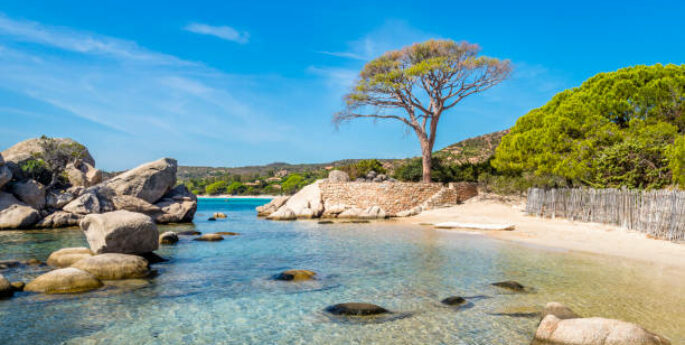plage d'eau turquoise avec des rochers et des arbres, Corse