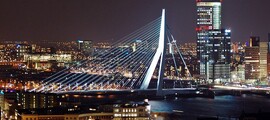 Vue nocturne du pont Érasme illuminé à Rotterdam.