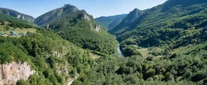 Montagne et vallée verdoyante sous ciel bleu.