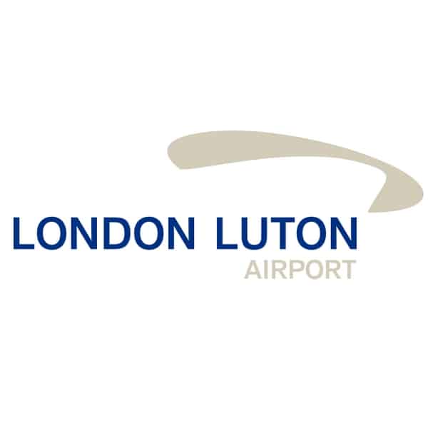 **location de jet privé** Logo de London Luton Airport avec arc stylisé au-dessus du texte.