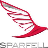 Logo de Sparfell, stylisé oiseau rouge en vol.