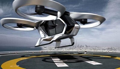 Location jet privé : taxis volants futuristes sur hélipad.