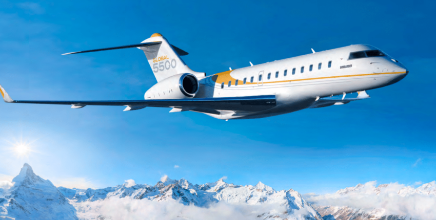 Location jet privé : Avion G5500 survole montagnes enneigées.