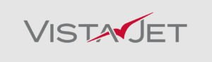 Logo VistaJet avec oiseau stylisé rouge sur fond gris