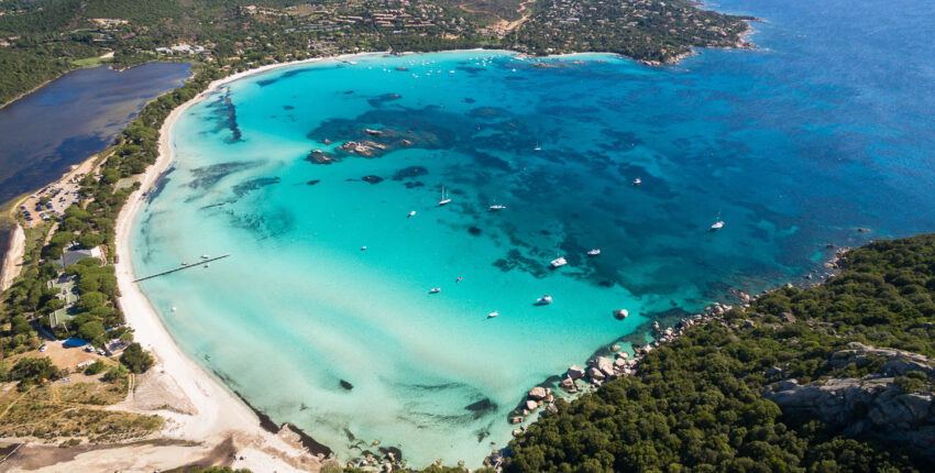 Aerial view of Santa Giulia beach in Corsica Island France
